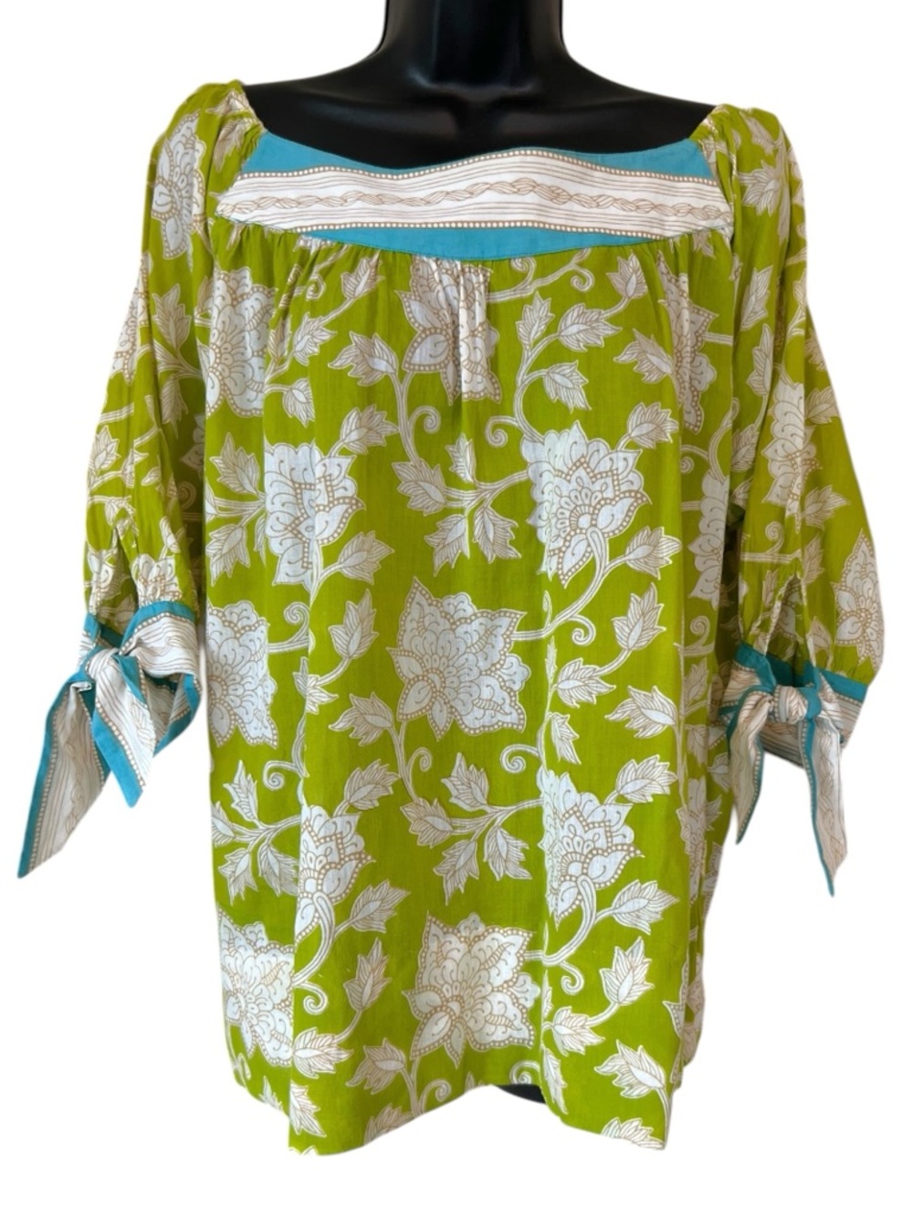 Gretchen Scott Designs Floral 3/4 Sleeve Green & Blue Boho Tunic Blouse
